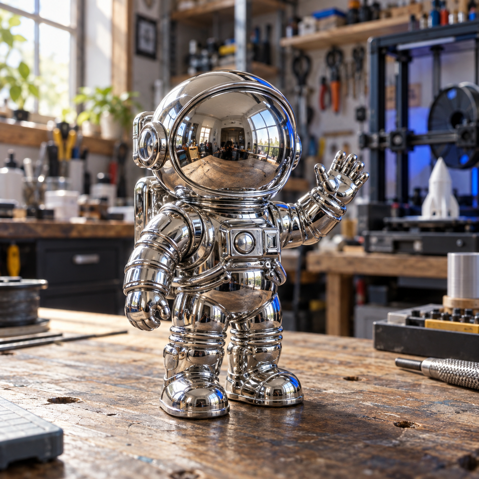 Visualización conceptual de un astronauta 3D cromado en un taller