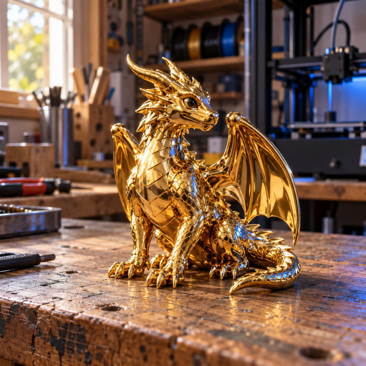 Visualización conceptual: Dragón 3D con apariencia dorada en un taller