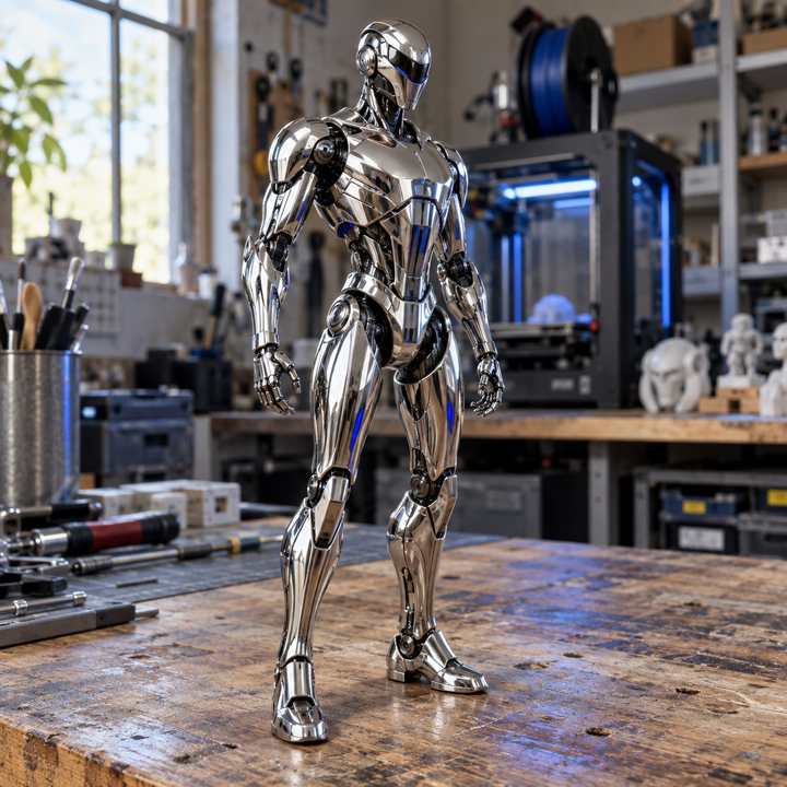 Visualización conceptual: Robot futurista con apariencia cromada plateada en un taller